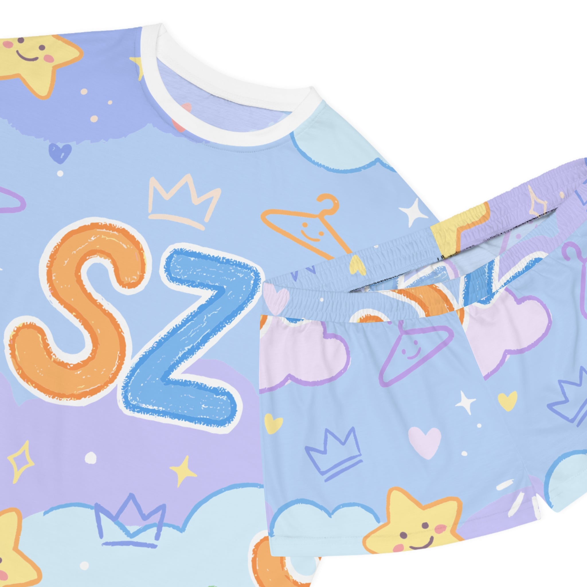 Cute Pastel 'SZ' Short Pajama Set — Women's Sleepwear, Star & Cloud Lounge Shorts Top