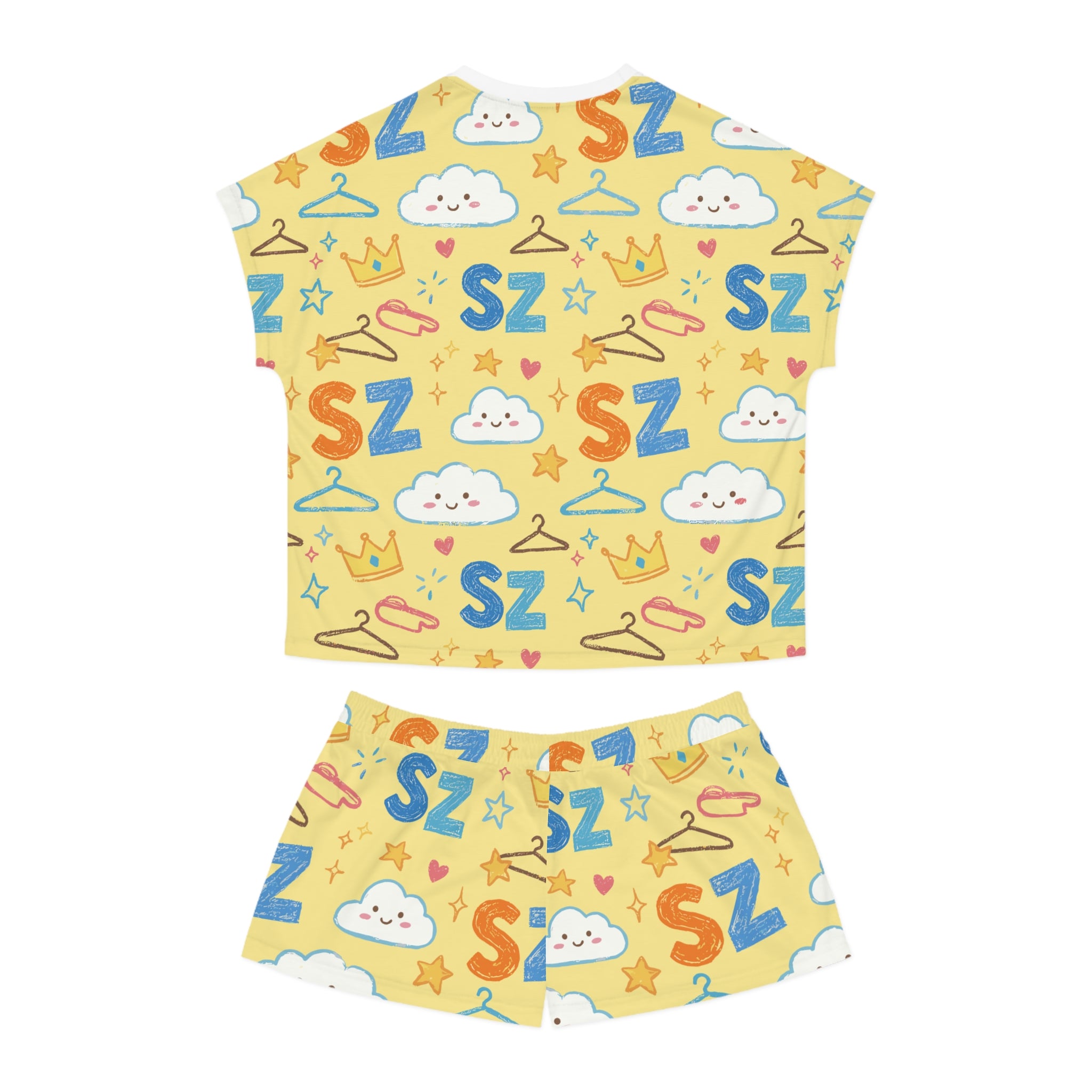 Women's Short Pajama Set - Cute Yellow 'SZ' Cloud & Crown All-Over Print