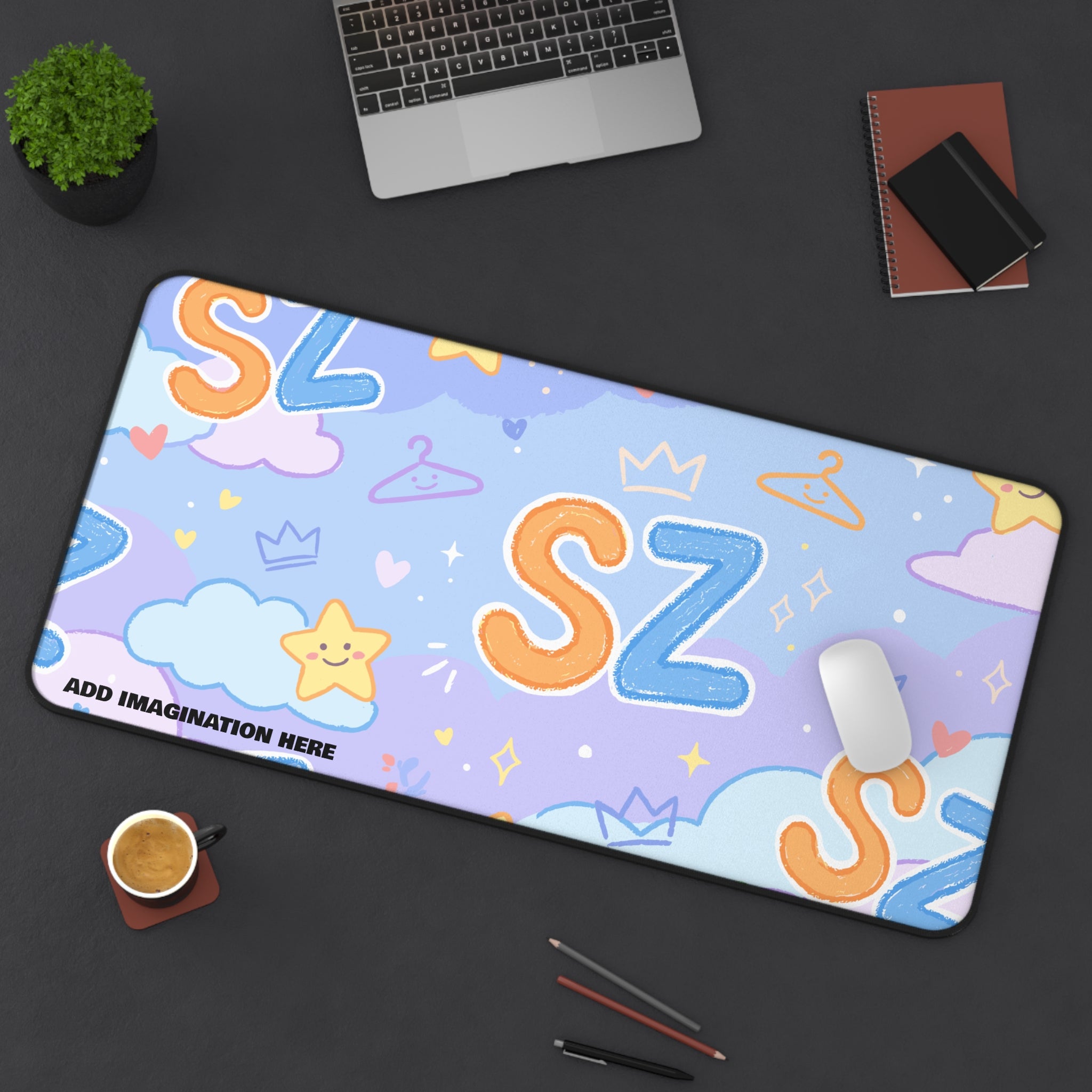 Cute Pastel 'SZ' Desk Mat — Kawaii Stars & Clouds Mouse Pad