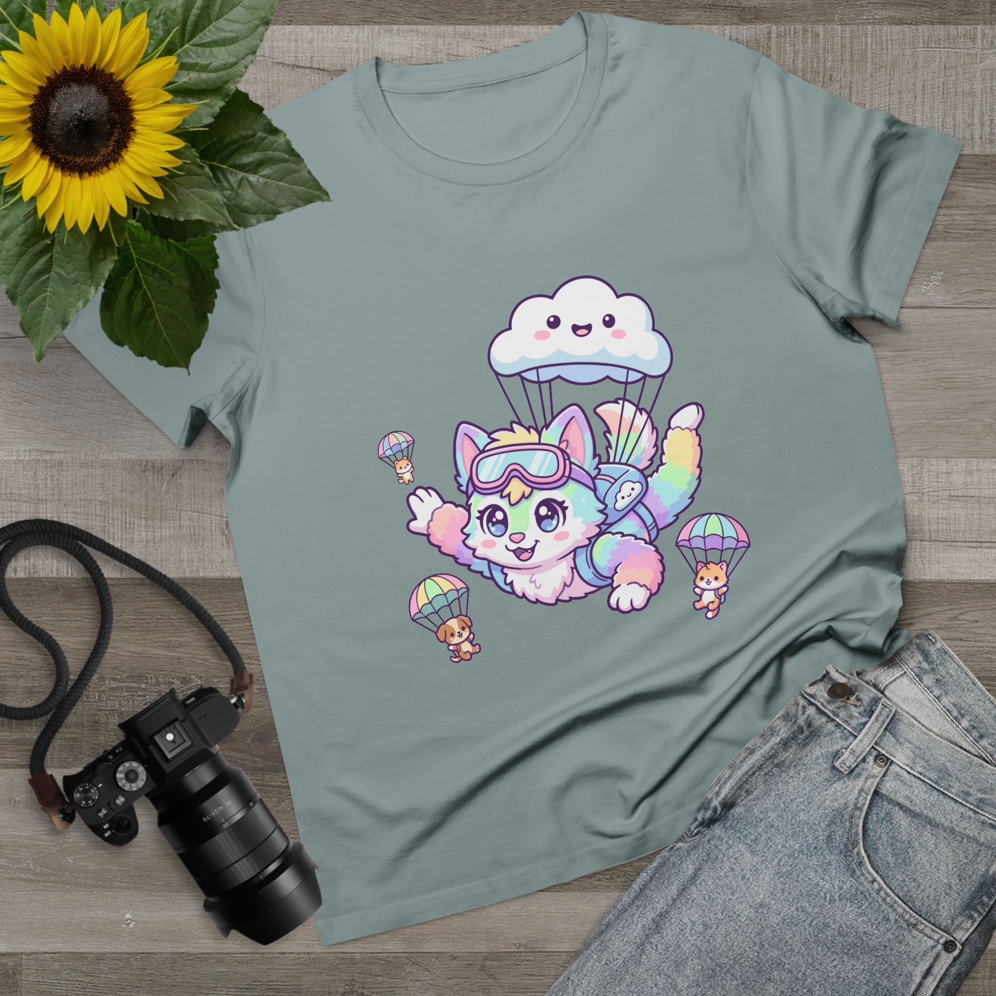 Pastel Rainbow Furry Skydiving Character Tee | Cute Pet Pals