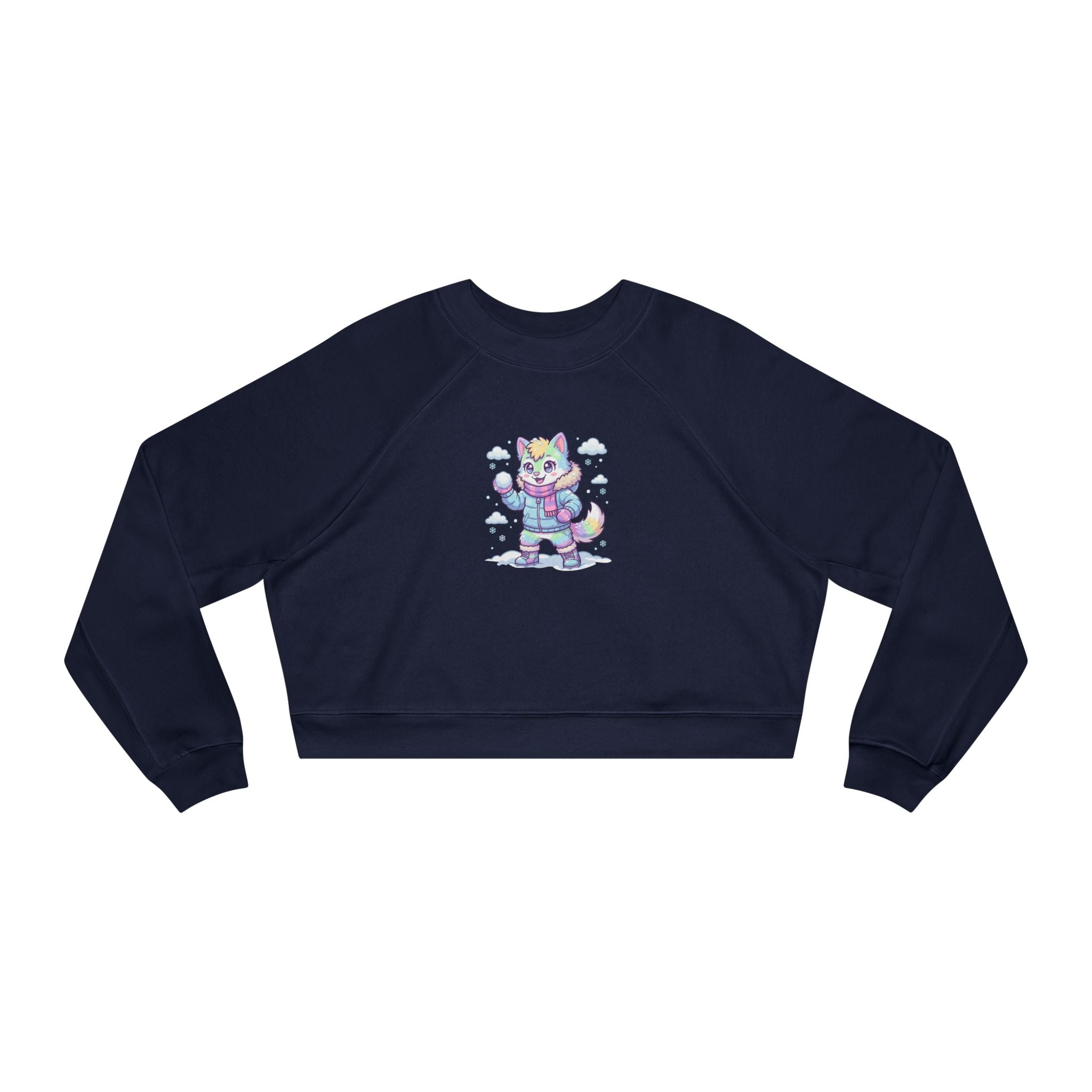 Winter Cropped Pullover | Pastel Lucky Cat Snowball Graphic