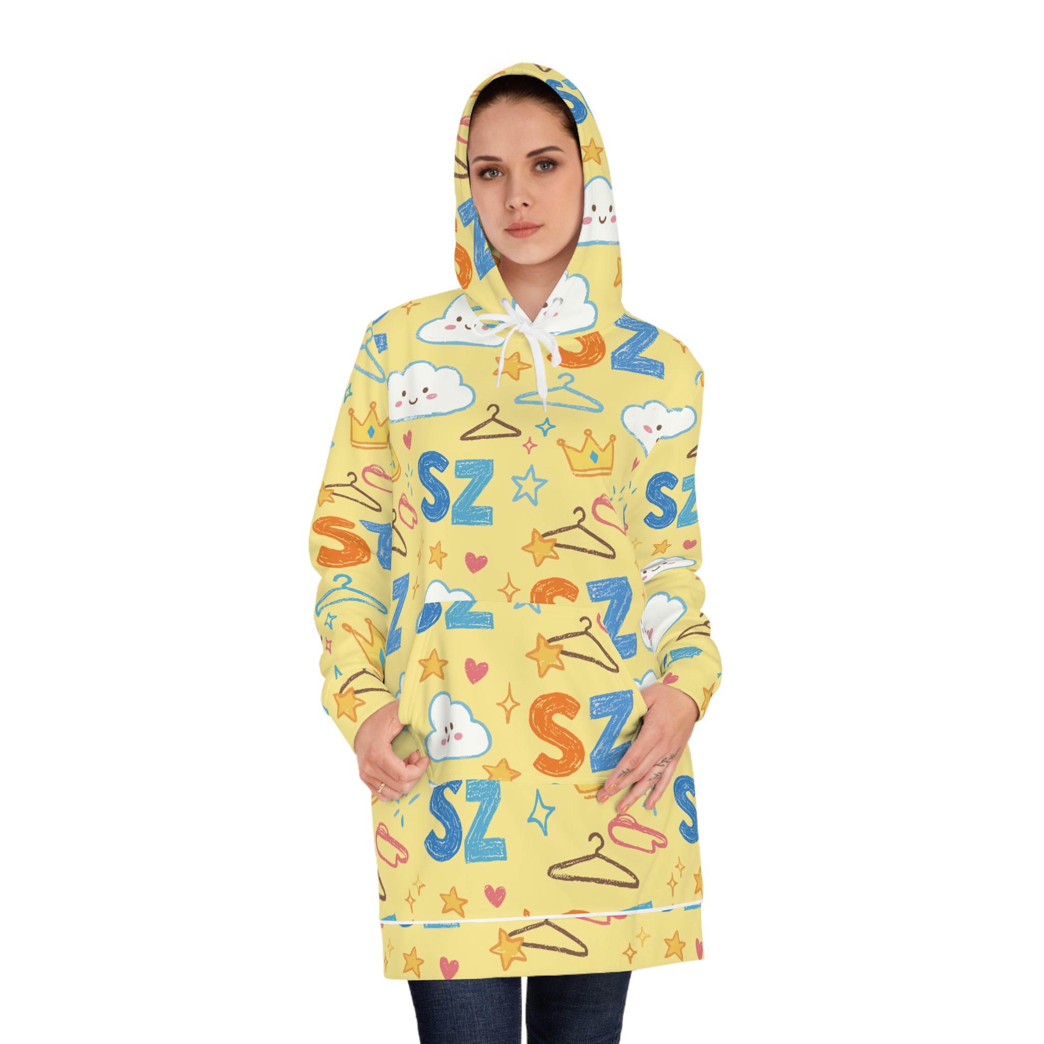 Cute Yellow 'SZ' Pattern Women's Hoodie Dress — Kawaii Cloud & Crown All-Over Print