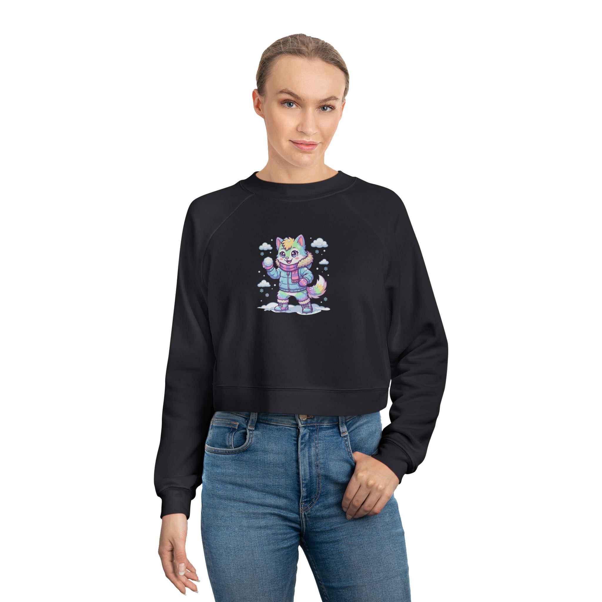Winter Cropped Pullover | Pastel Lucky Cat Snowball Graphic