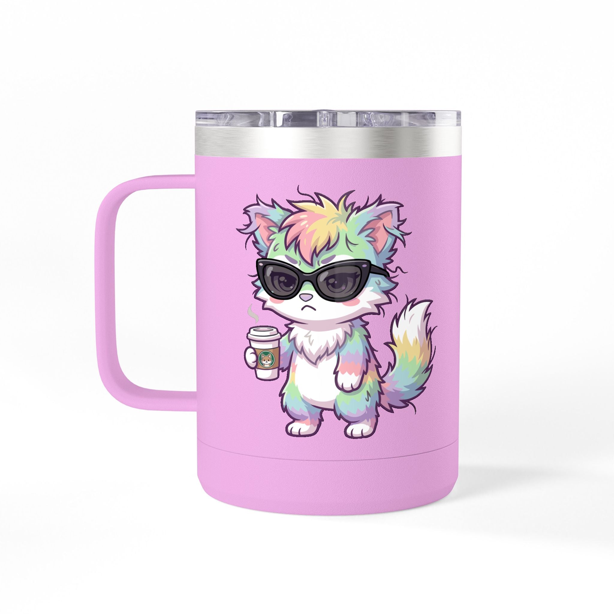 15oz Travel Mug – Cute Grumpy Rainbow Furry with Coffee