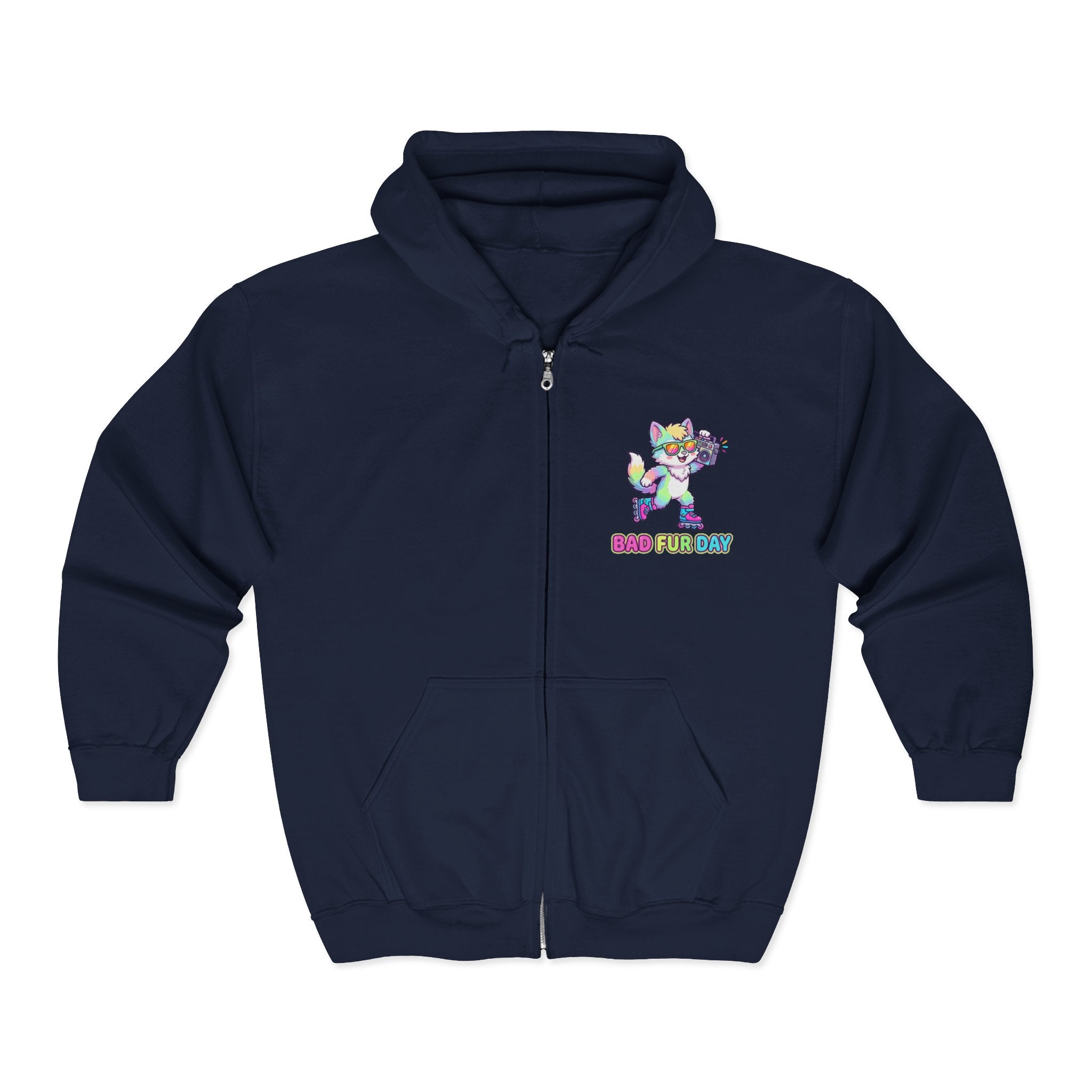 Bad Fur Day Neon Rainbow Furry Full-Zip Hoodie | Cute Rainbow Cat