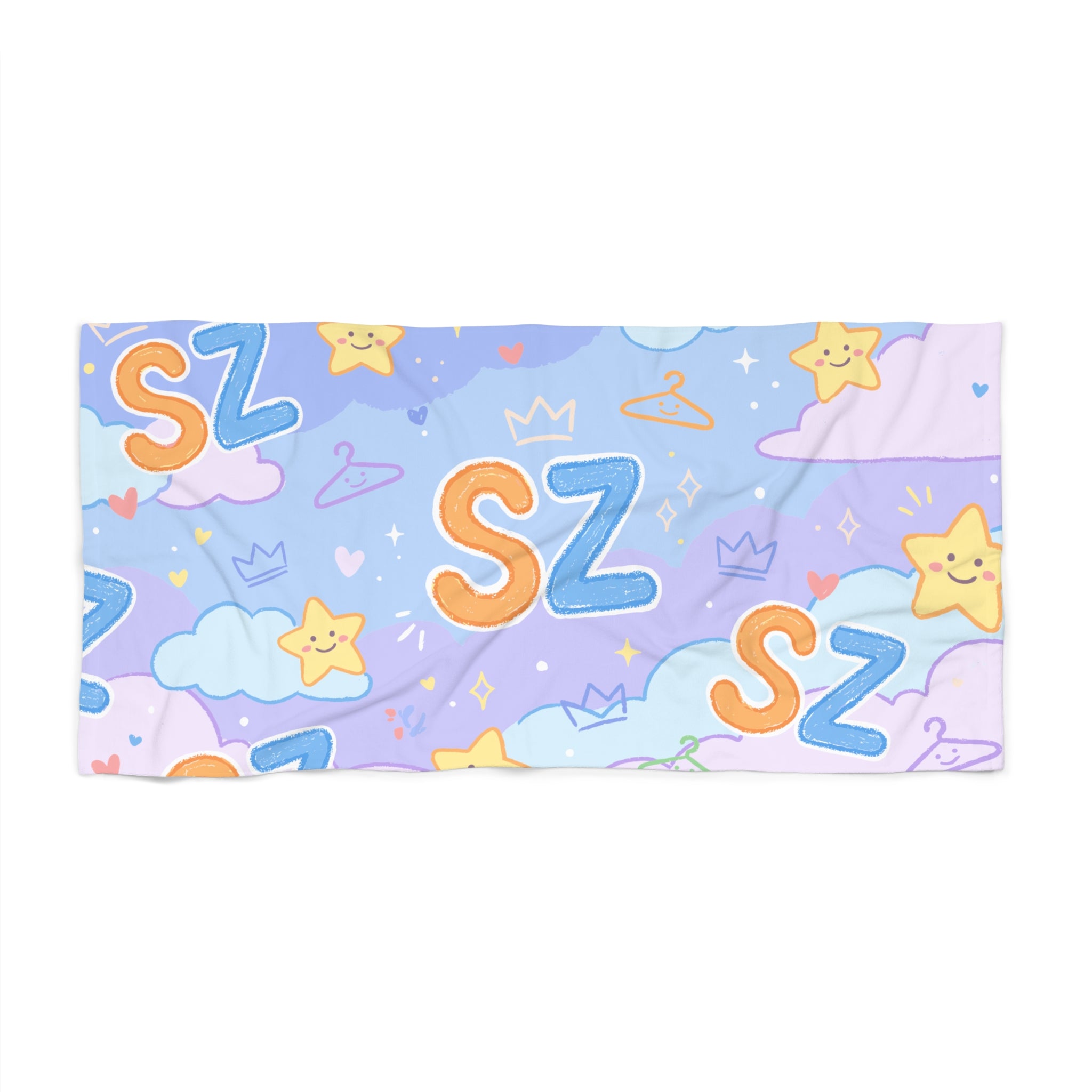 Personalized 'SZ' Beach Towel — Cute Pastel Stars & Clouds Summer Towel
