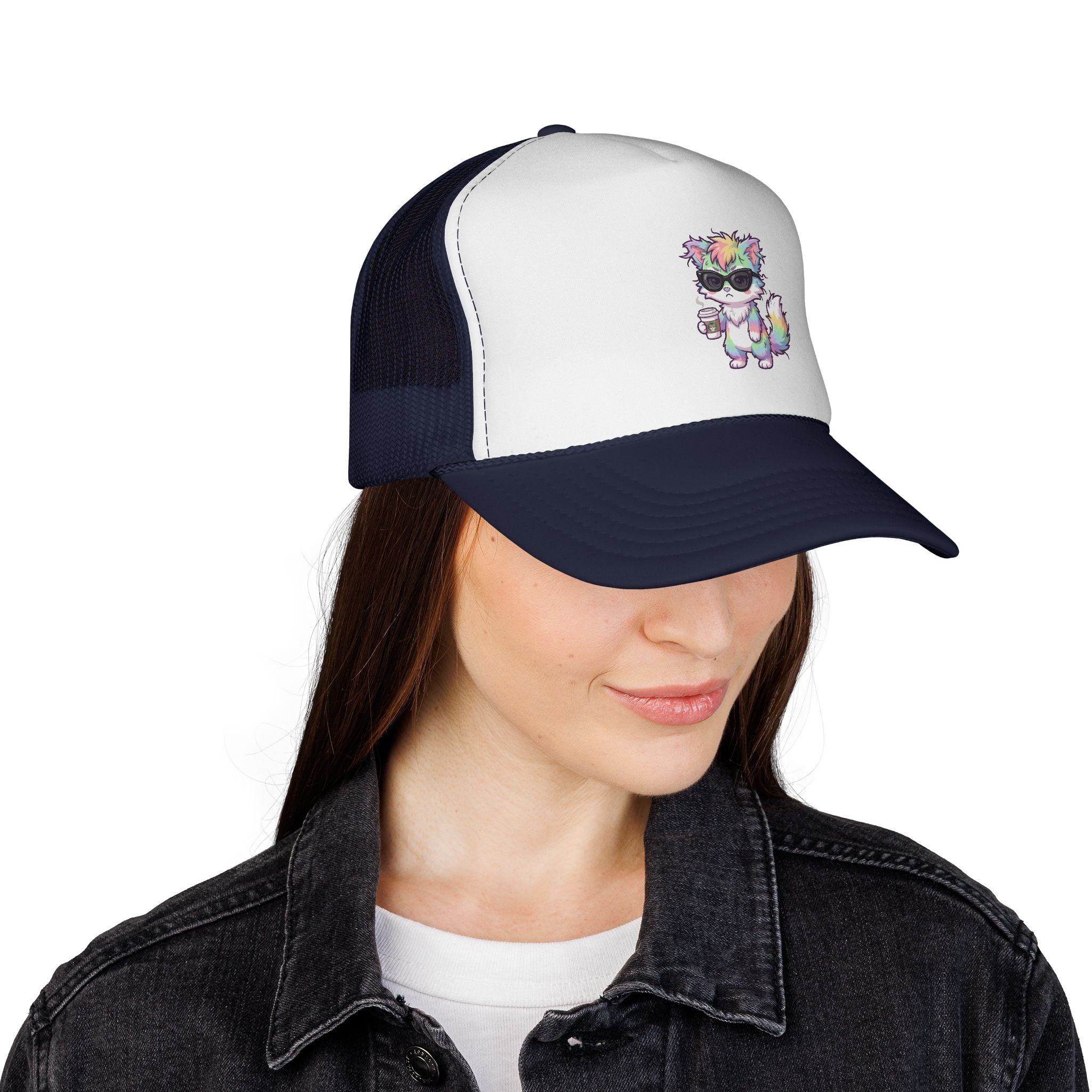Grumpy Rainbow Furry Trucker Cap — Sunglasses Cute Mesh Back Hat
