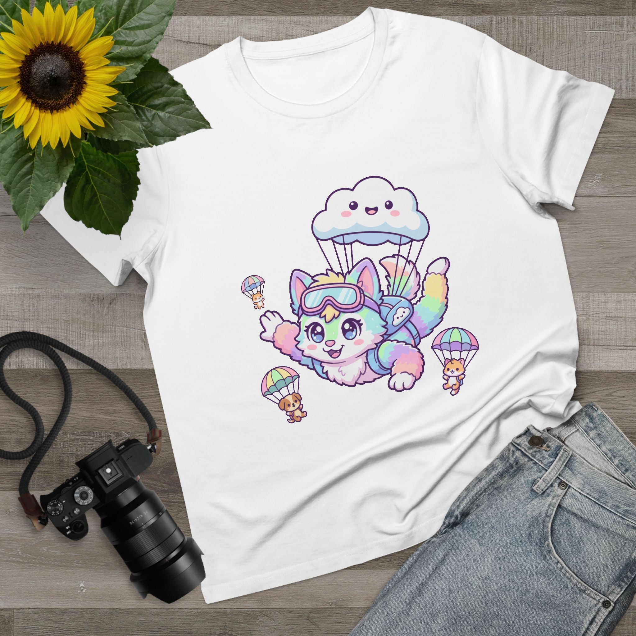Pastel Rainbow Furry Skydiving Character Tee | Cute Pet Pals