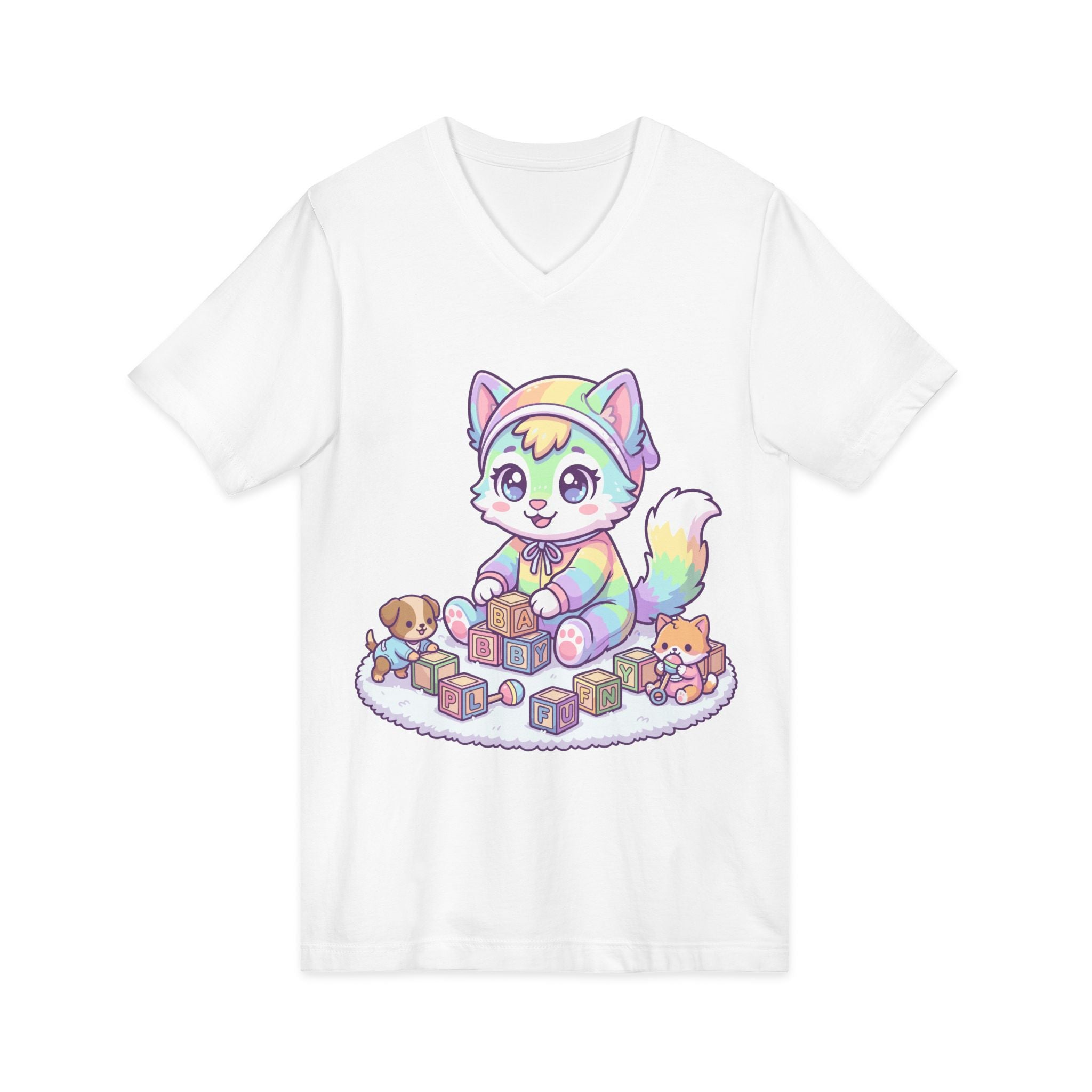 Baby Kawaii Rainbow Kitten Playing With Blocks V-Neck Tee