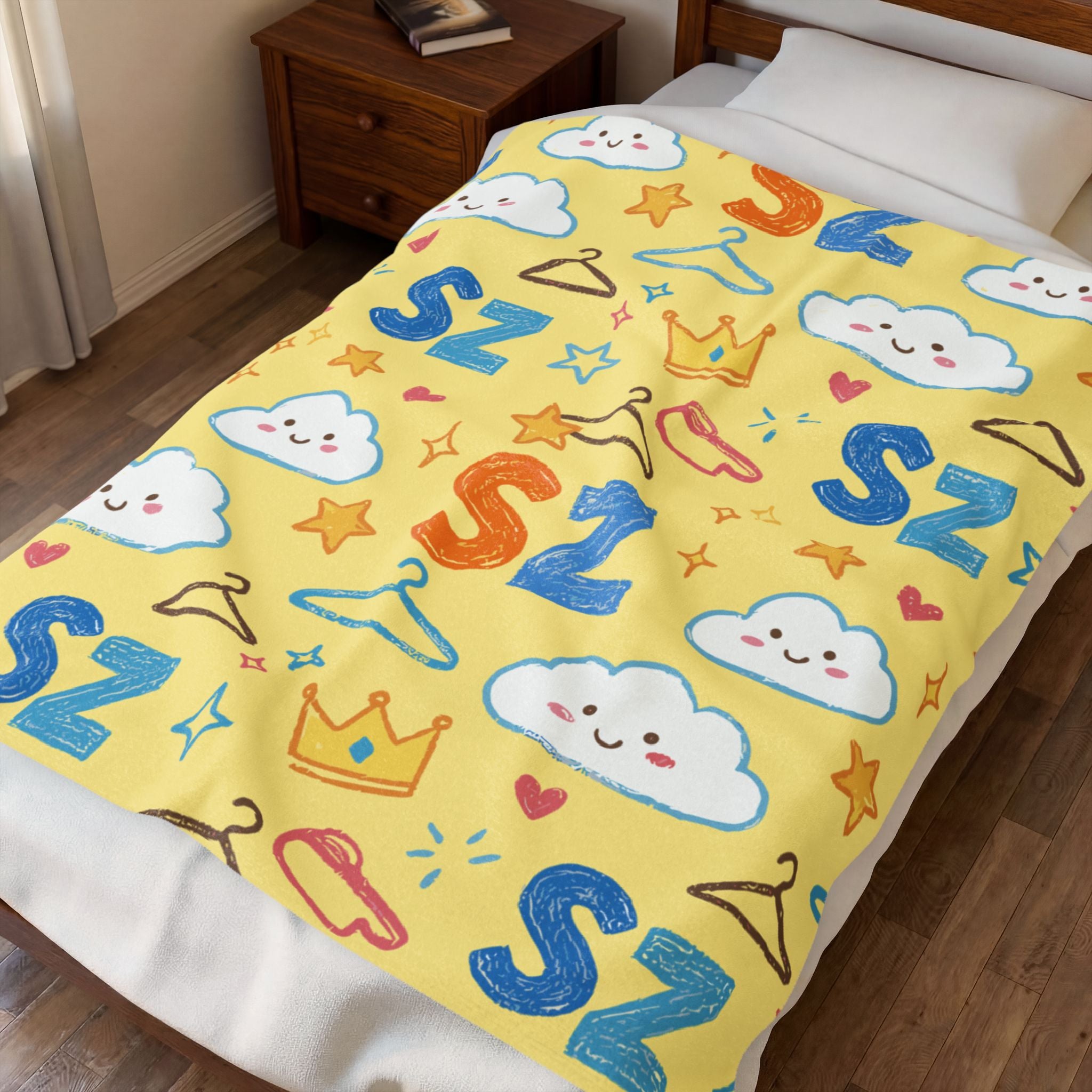 Plush Blanket - Yellow Sleepy Clouds & 'Zs' Kids Velveteen Throw