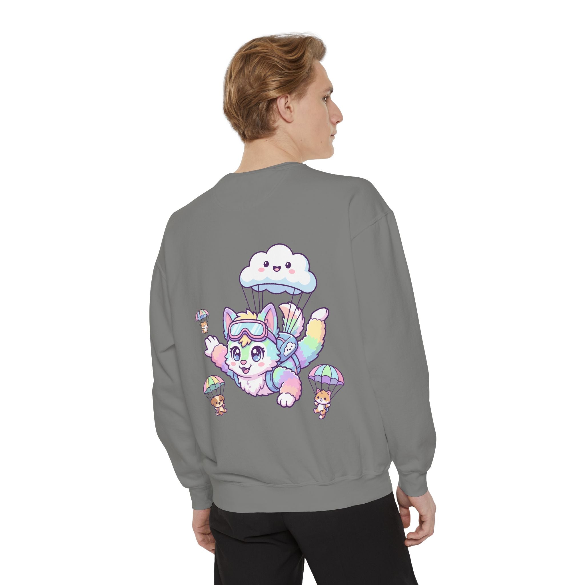 Cute Retro Rainbow Skydiving Furry Sweatshirt | Pocket Graphic T-Shirt