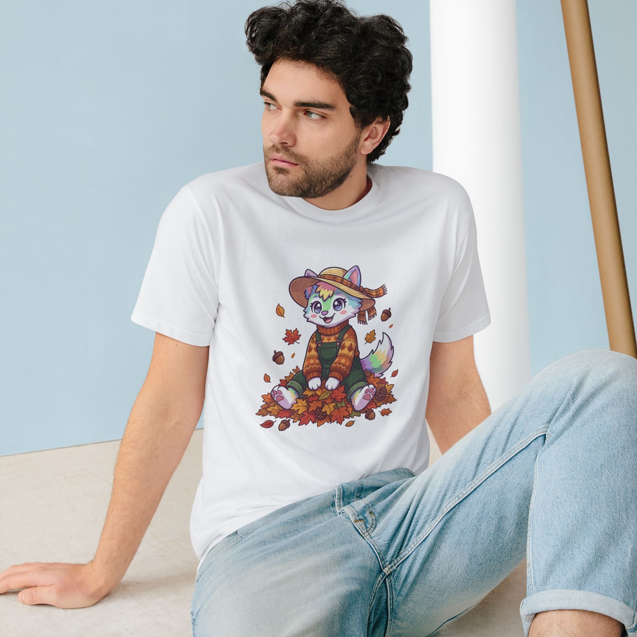 Autumn Fox Tee — Cute Fall Rainbow Pup with Leaves