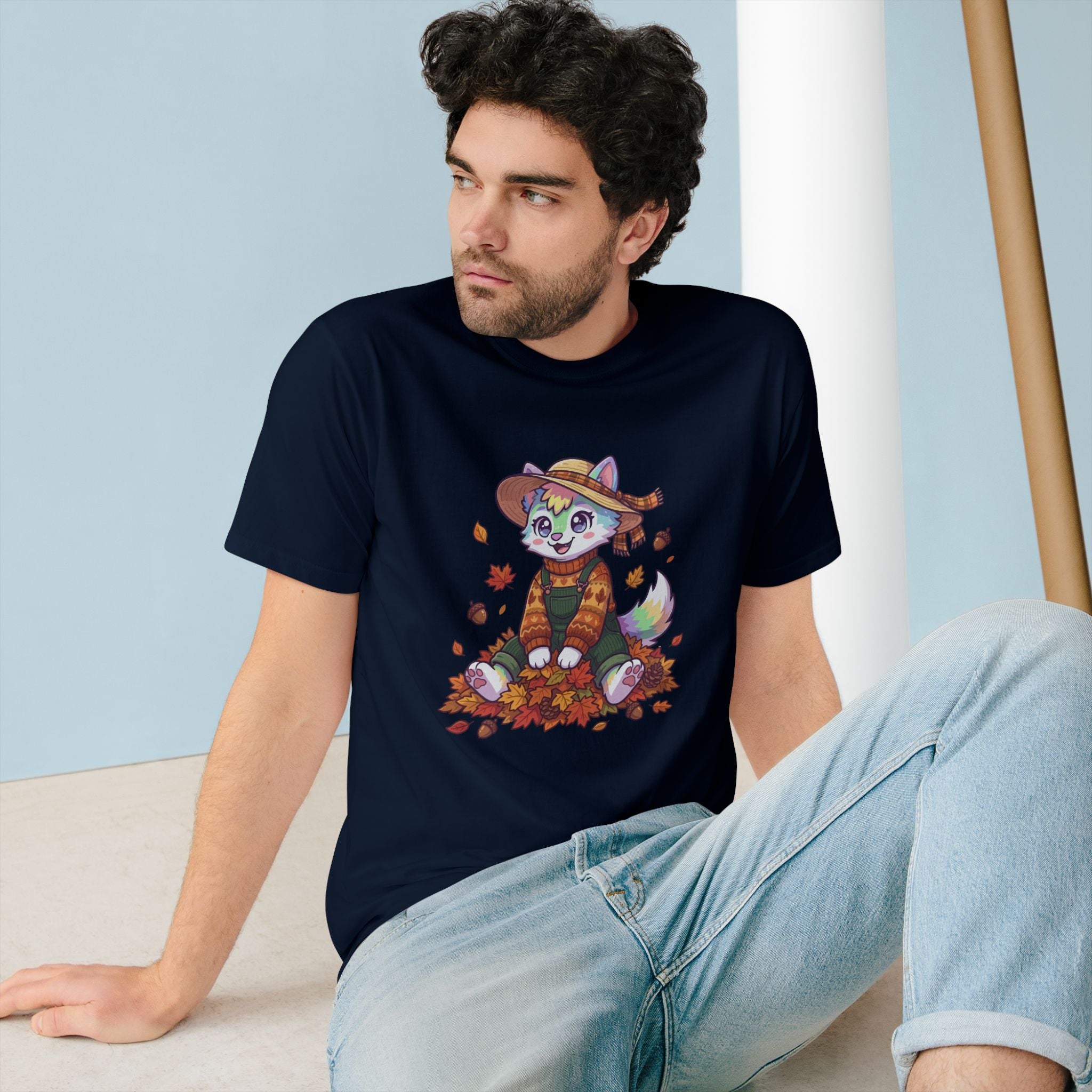 Autumn Fox Tee — Cute Fall Rainbow Pup with Leaves
