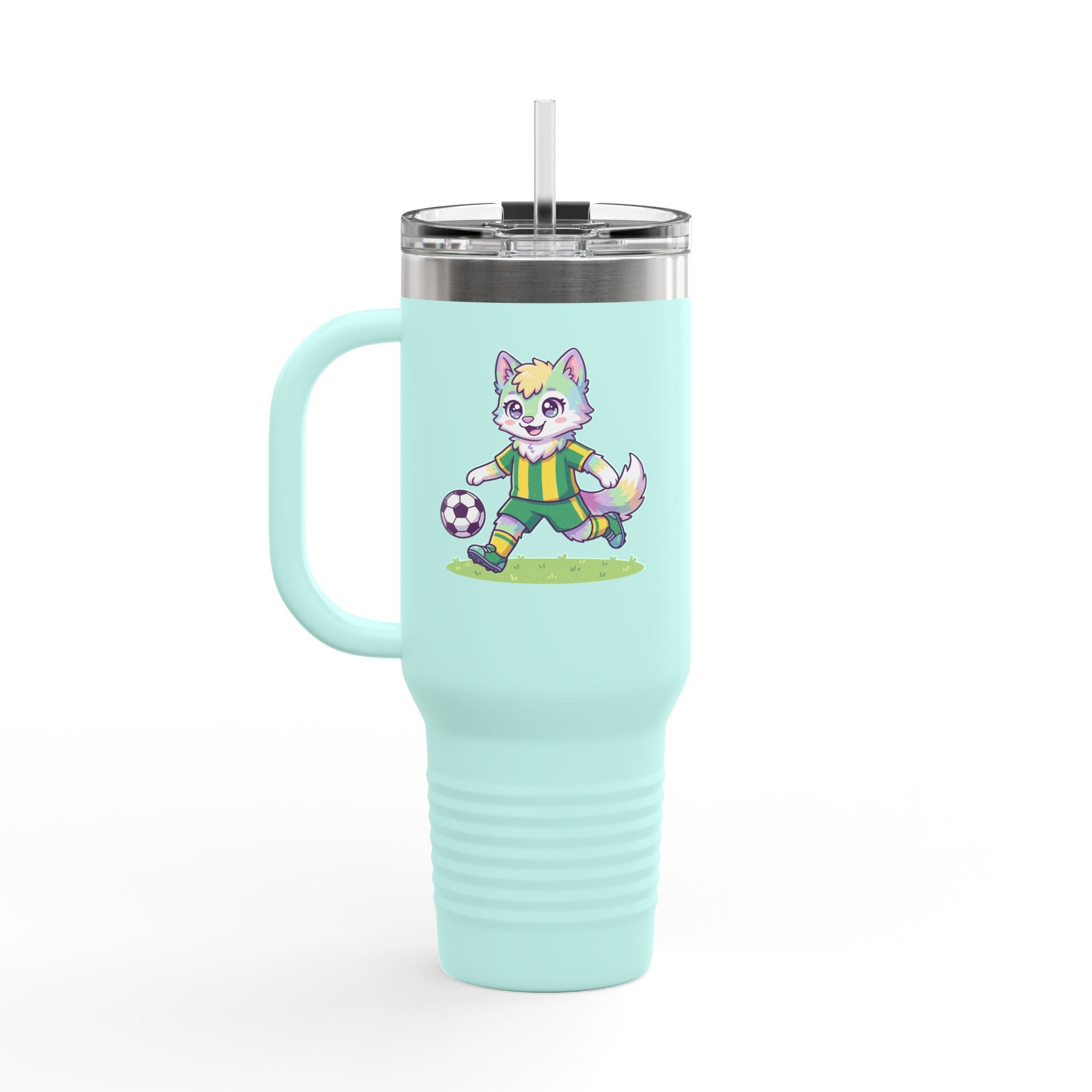 40oz Insulated Travel Mug — Cute Soccer Pastel Fox Design