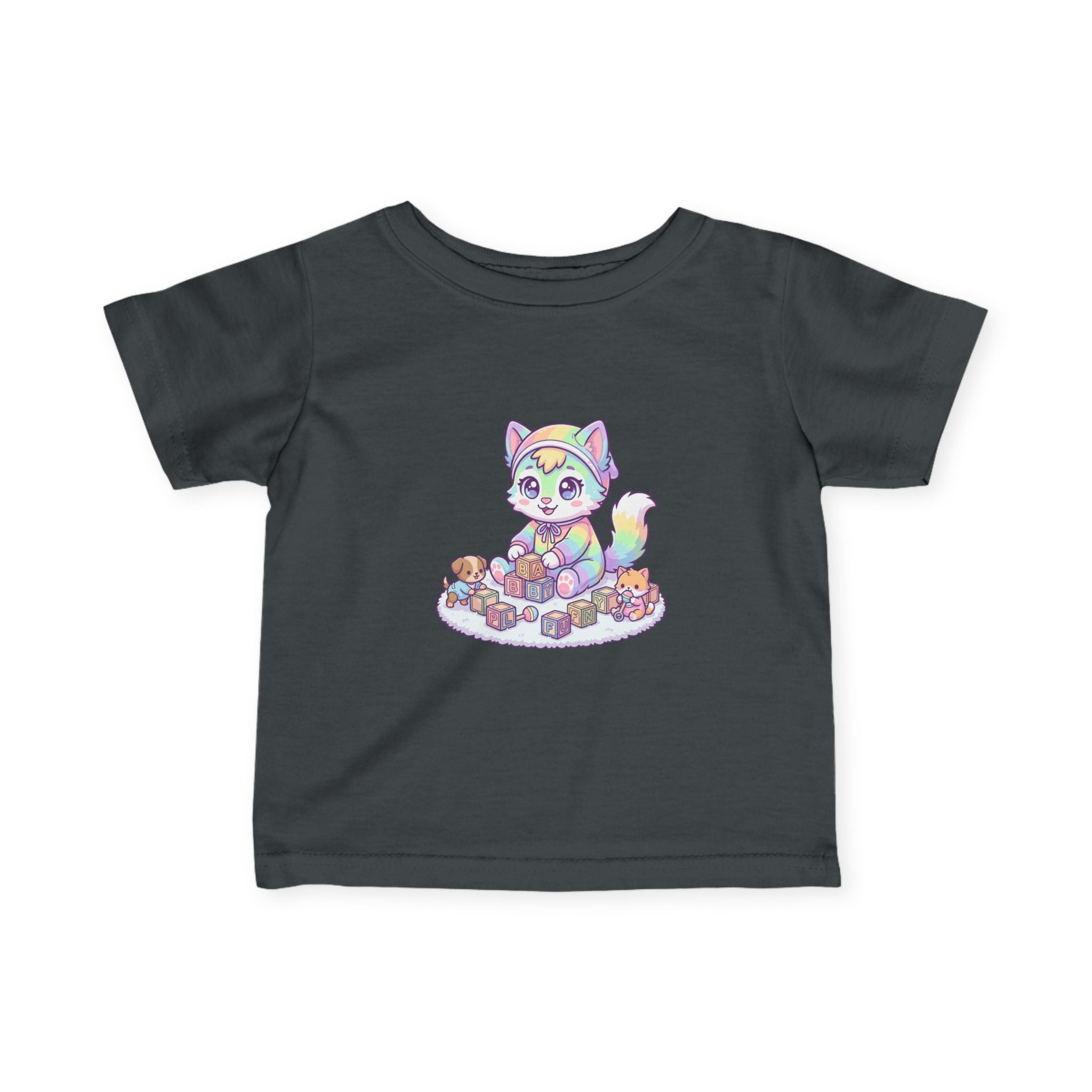 Pastel Rainbow Kitten Infant Tee – Cute Kitty with Toy Blocks