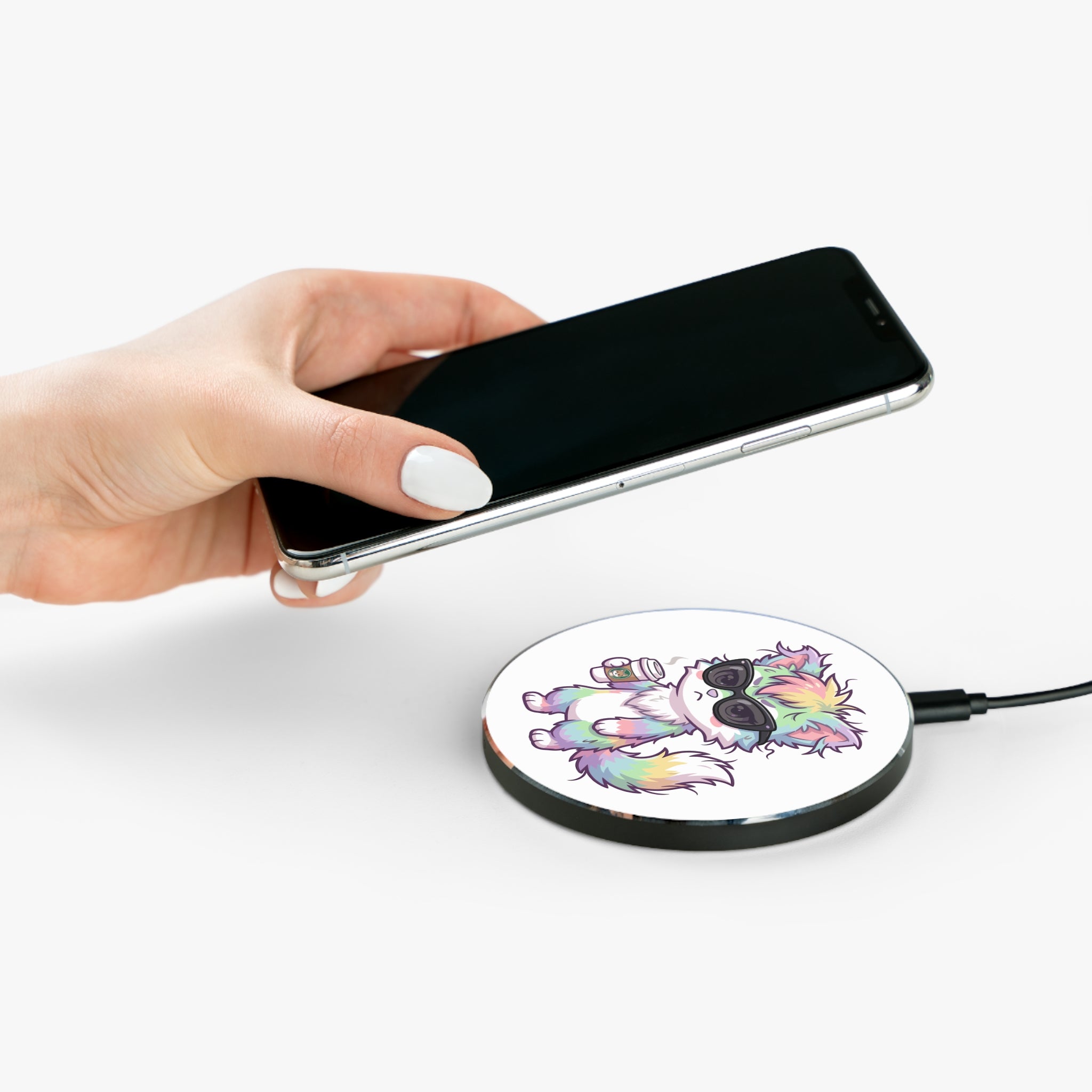 Cute Rainbow Cat with Coffee Wireless Charger — Kawaii Cat Phone Charger