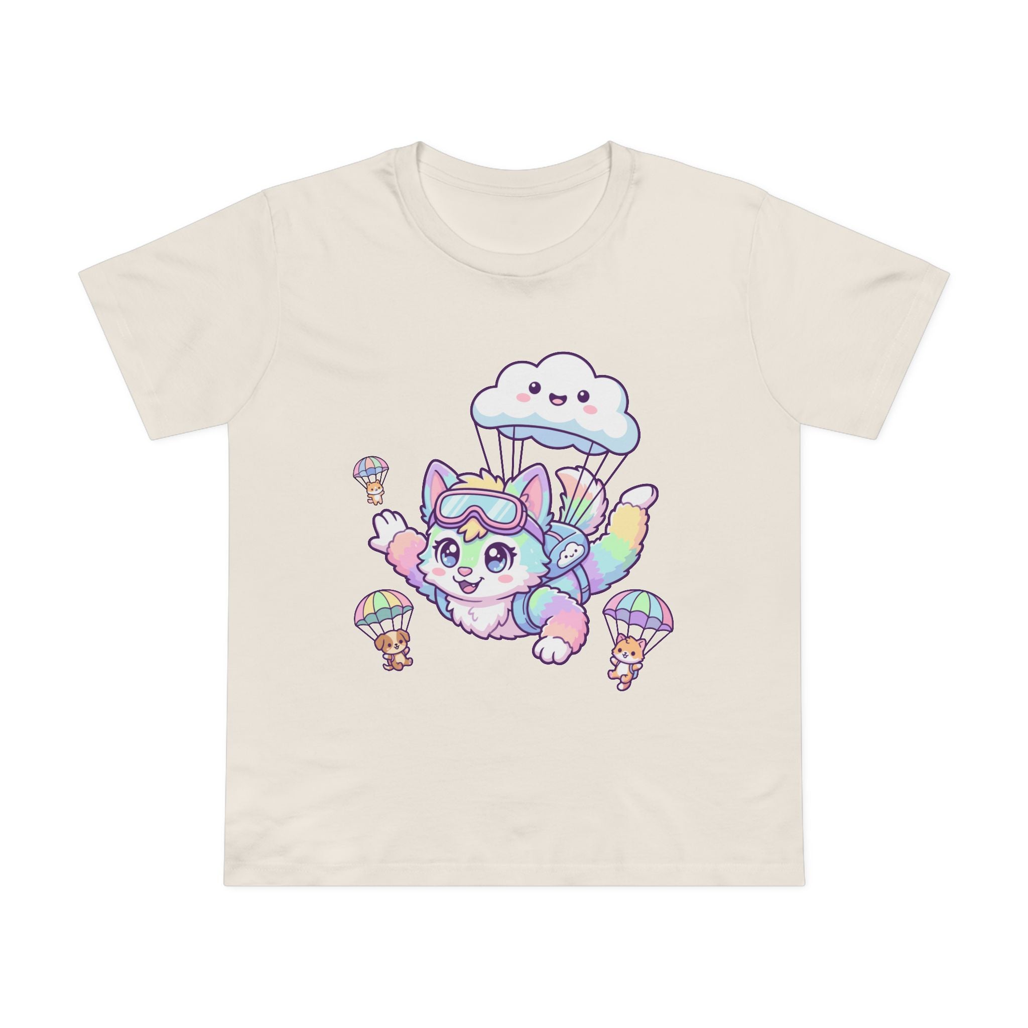 Pastel Rainbow Furry Skydiving Character Tee | Cute Pet Pals