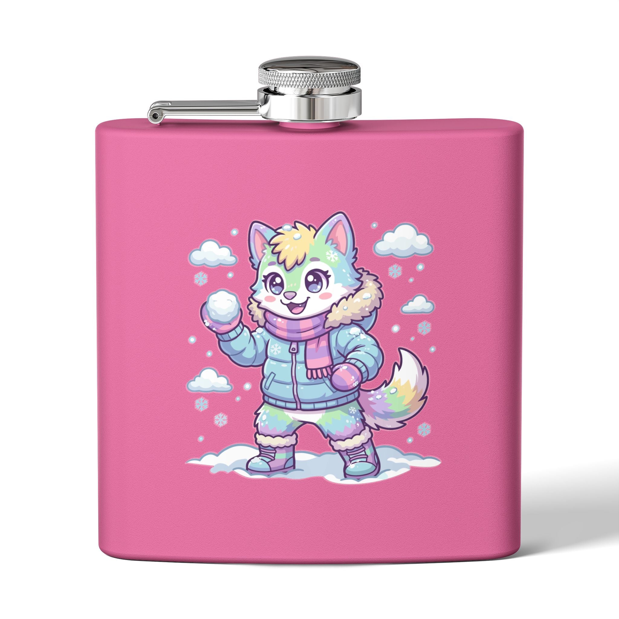 6oz Stainless Steel Flask — Cute Pastel Arctic Pup Snowball Design