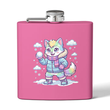 6oz Stainless Steel Flask — Cute Pastel Arctic Pup Snowball Design