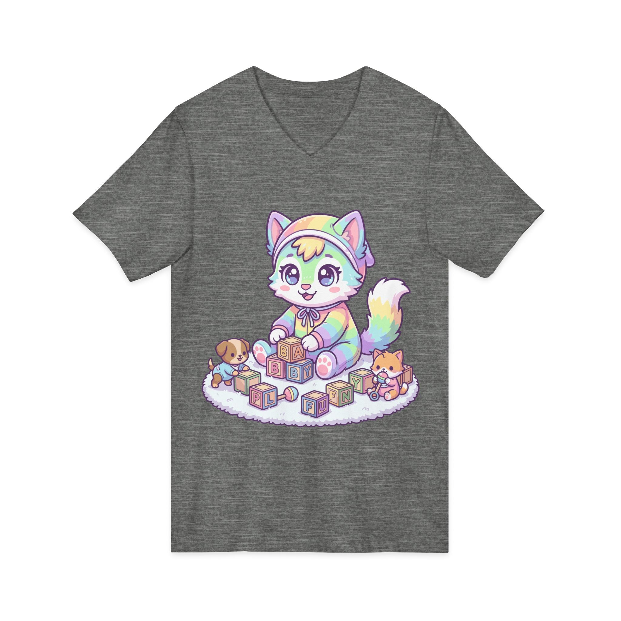 Baby Kawaii Rainbow Kitten Playing With Blocks V-Neck Tee