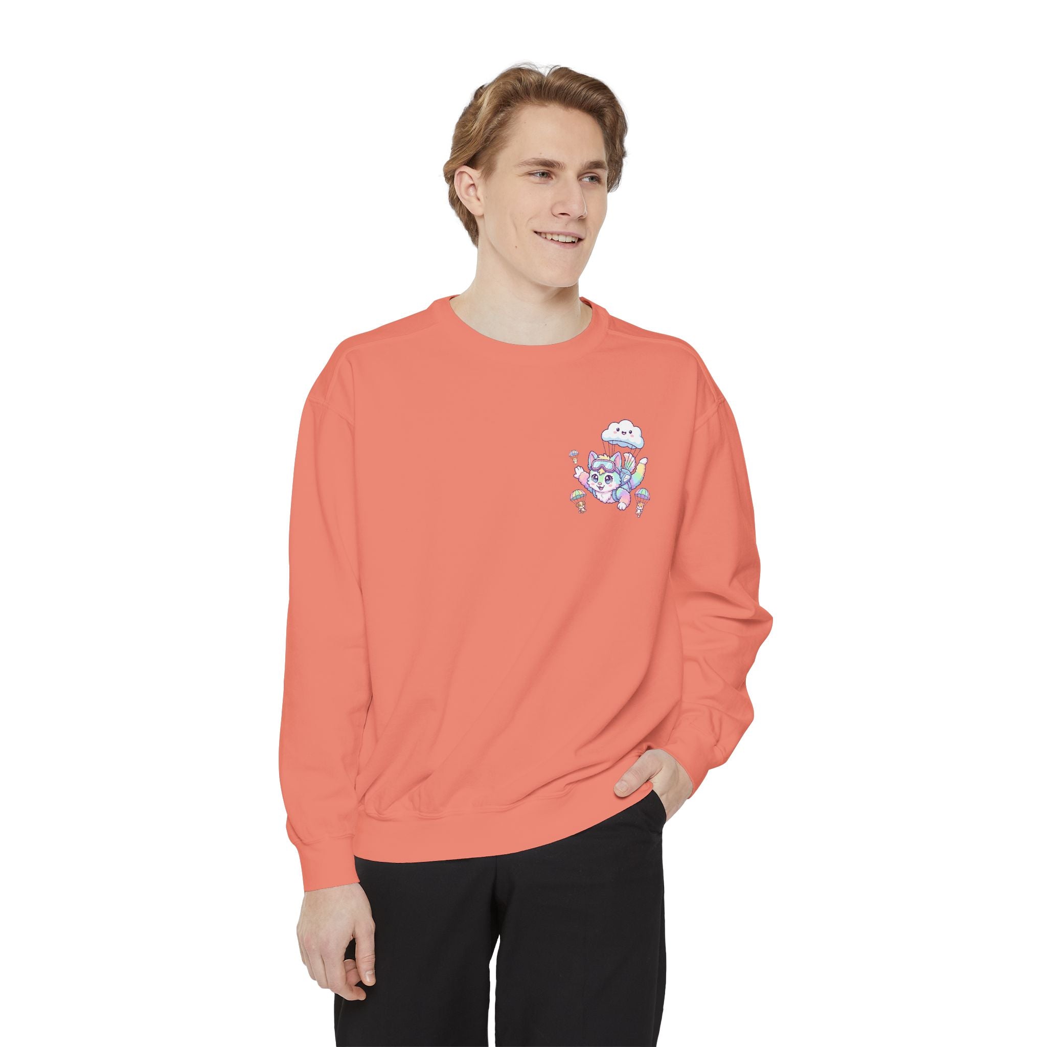 Cute Retro Rainbow Skydiving Furry Sweatshirt | Pocket Graphic T-Shirt