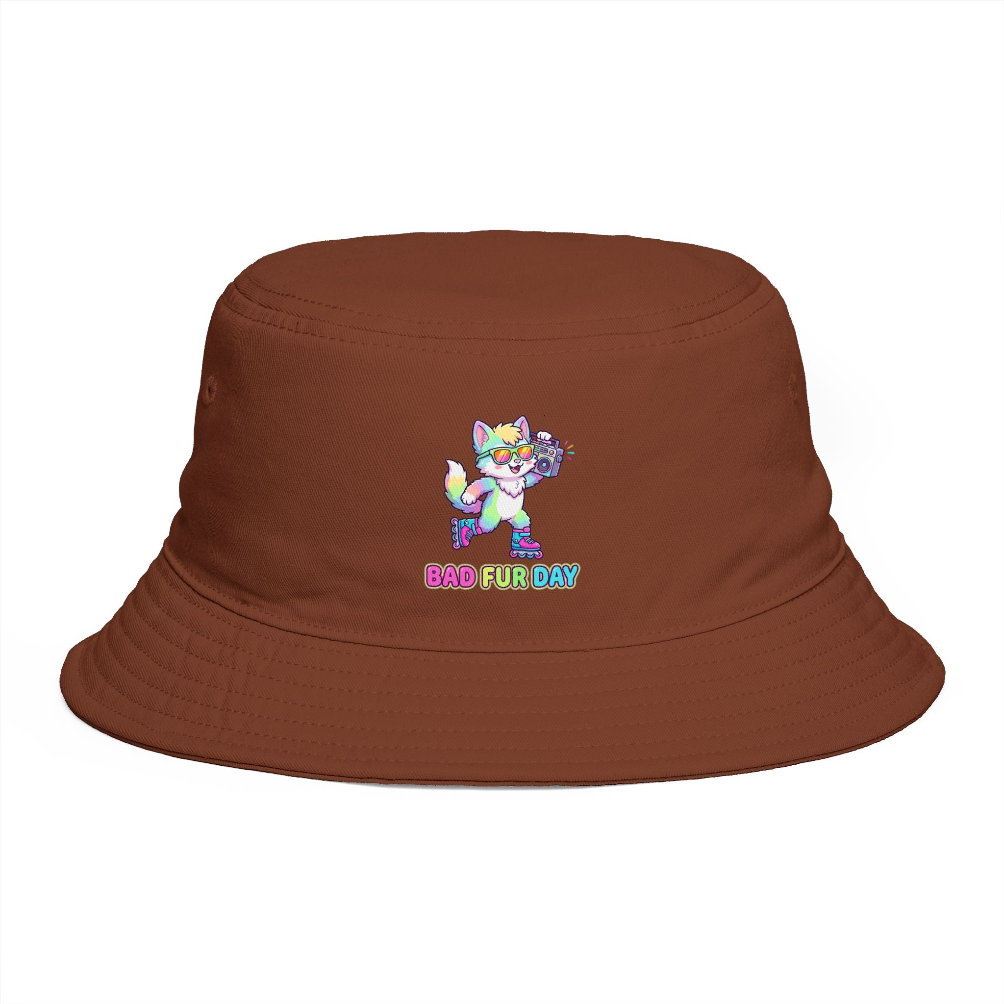 Cute Neon Furry Fox Bucket Hat — "Bad Fur Day" Embroidered Cute Animal Sun Hat