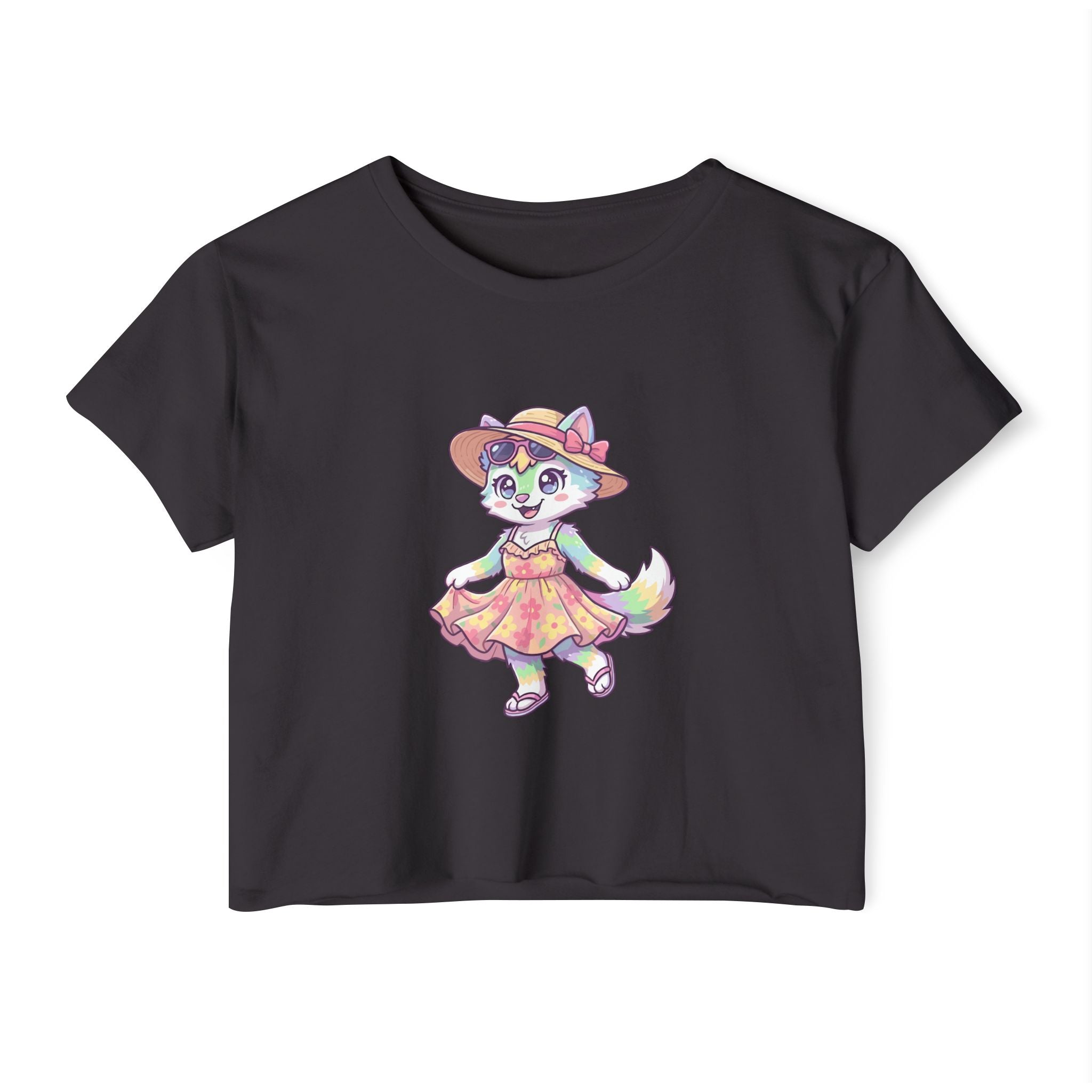 Summer Kawaii Festival Fox Crop Top — Cute Colorful Dancing Fox Graphic