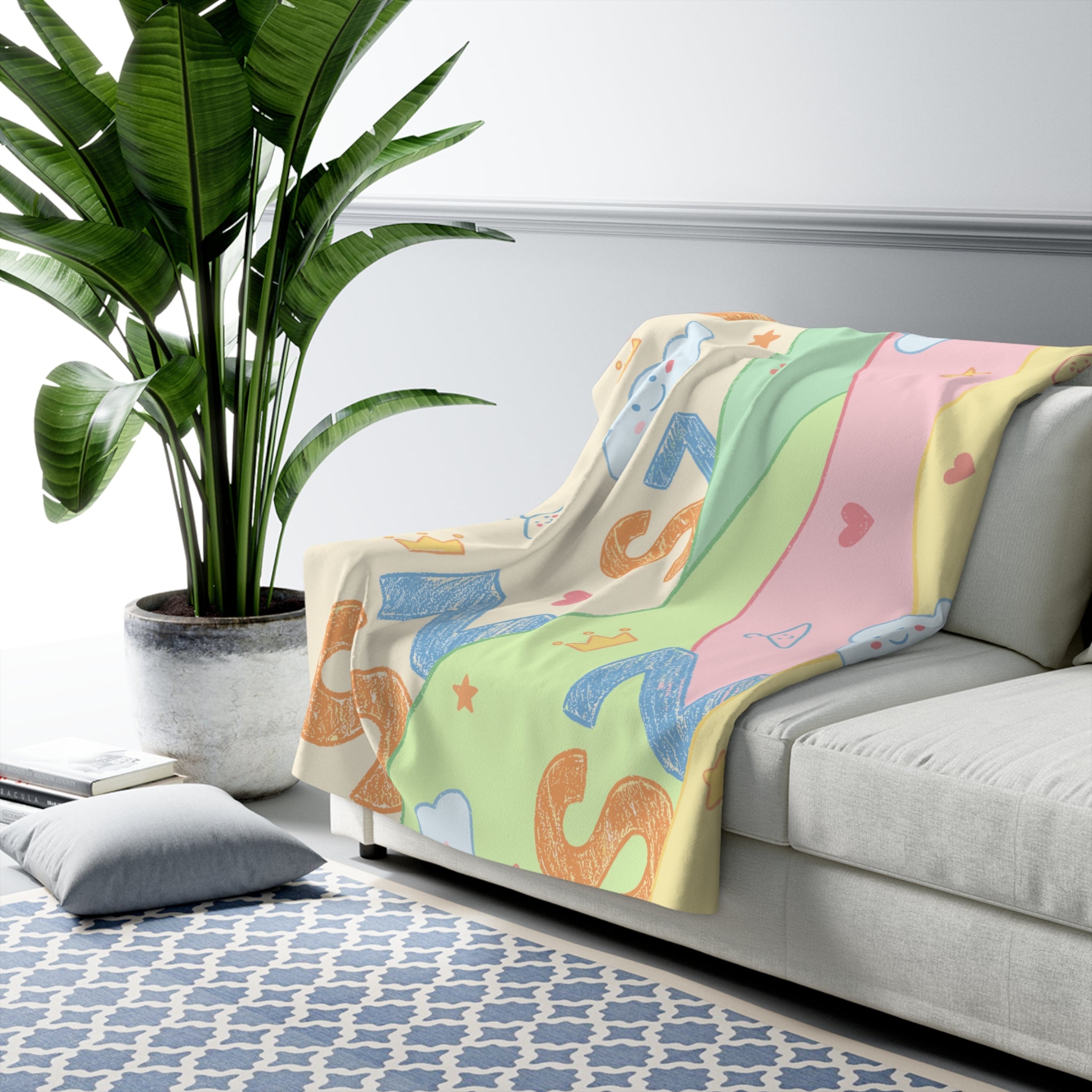 Cute Pastel Cloud Sherpa Blanket — Cozy Nursery Throw with 'Zzz' Sleep Design