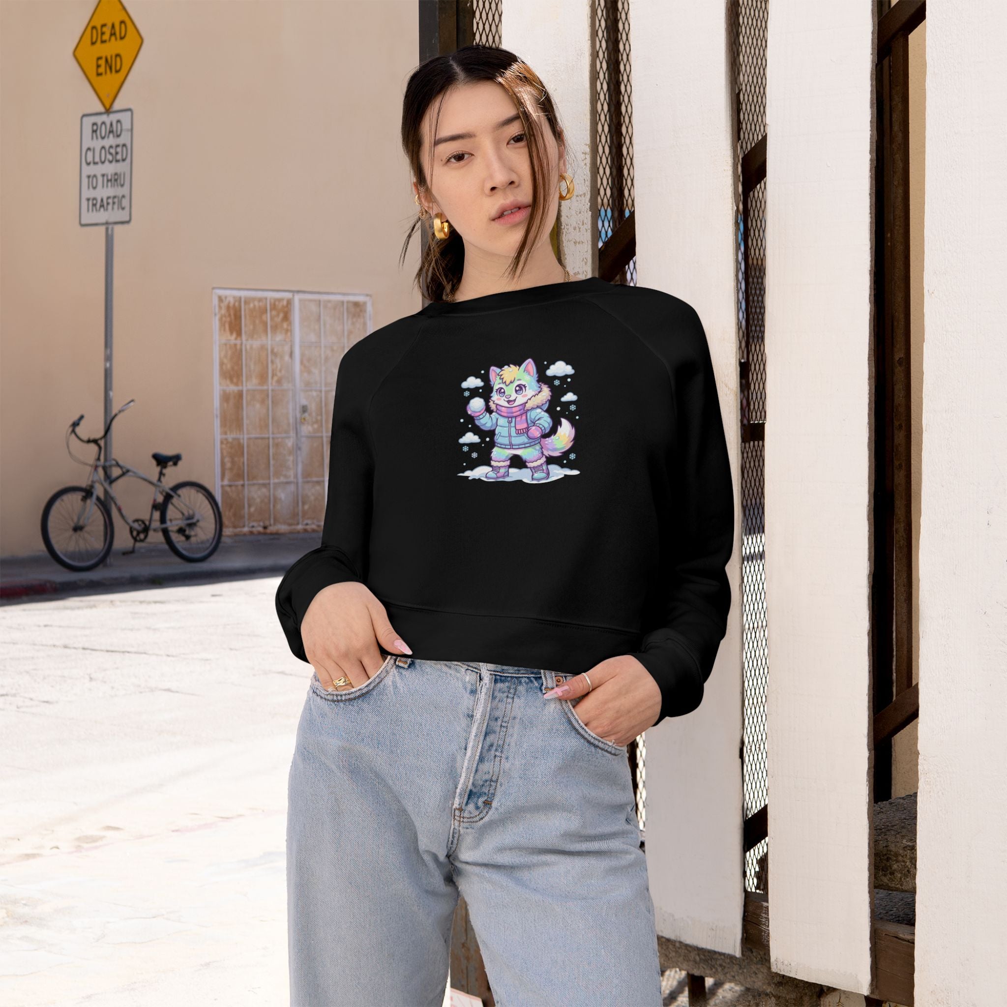 Winter Cropped Pullover | Pastel Lucky Cat Snowball Graphic