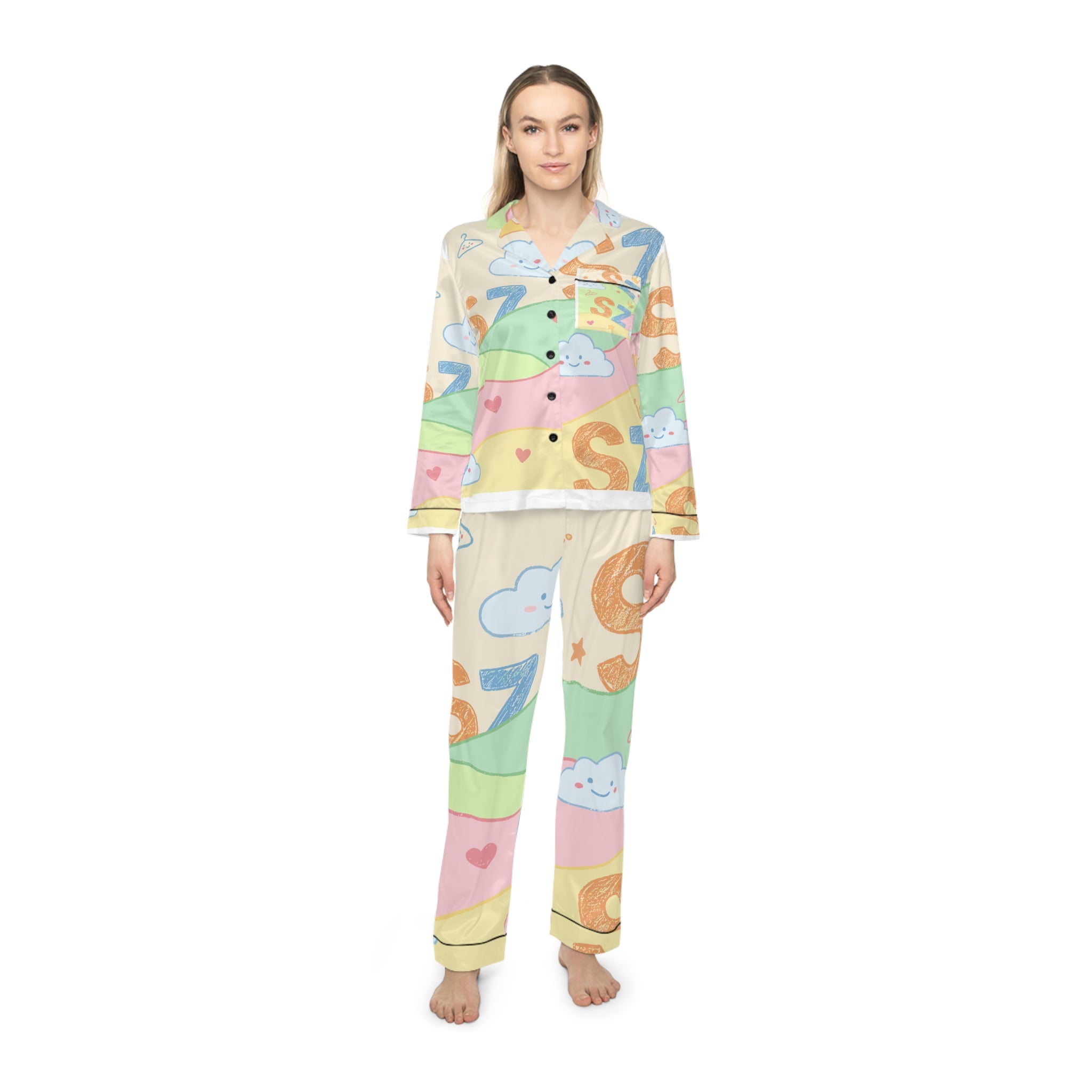 Pastel Cloud & Crown Satin Pajama Set — Women's Cute Sleepwear
